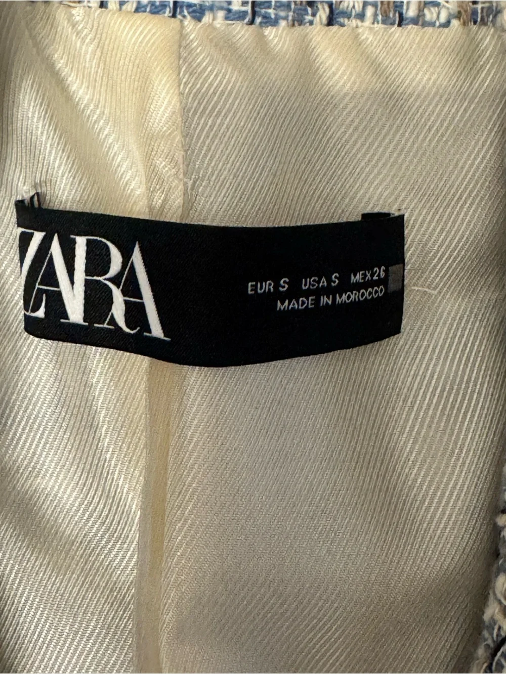 Zara Blue White Tweed Double Breasted Blazer Bouclé Jacket Size S